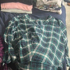 Green and Blue Button Down Shirt with Plaid Design